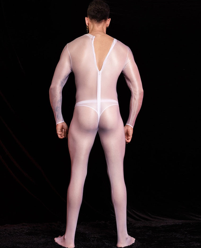 Back zip detail on white men’s sheer footed bodystocking