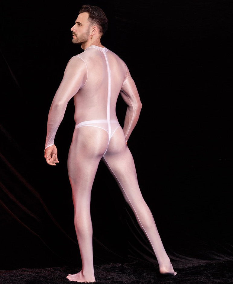 Back view of white men’s sheer footed bodystocking with zip closure