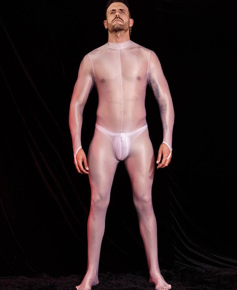 Front view of white men’s sheer footed bodystocking