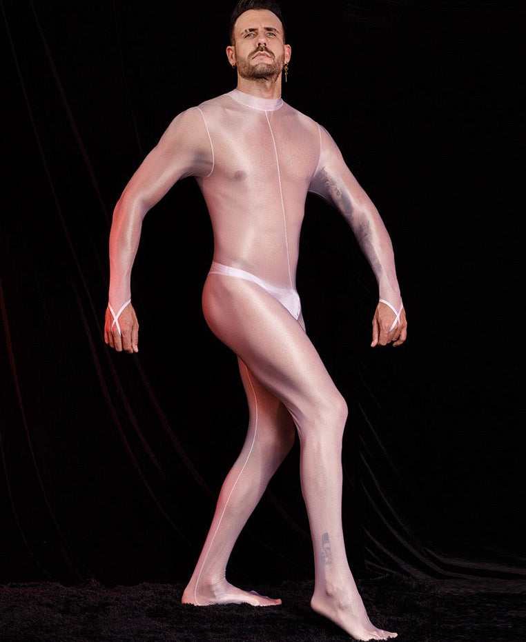 Side profile of white men’s footed bodystocking