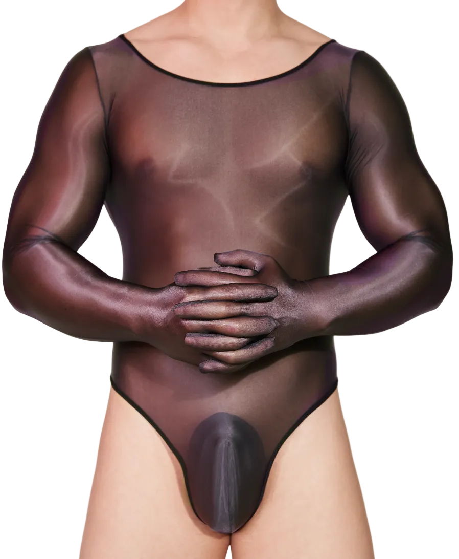 Front view of black men’s sheer gloved bodysuit worn by model