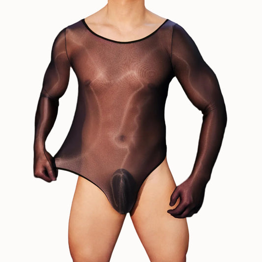 Fabric stretch detail of black men’s sheer bodysuit