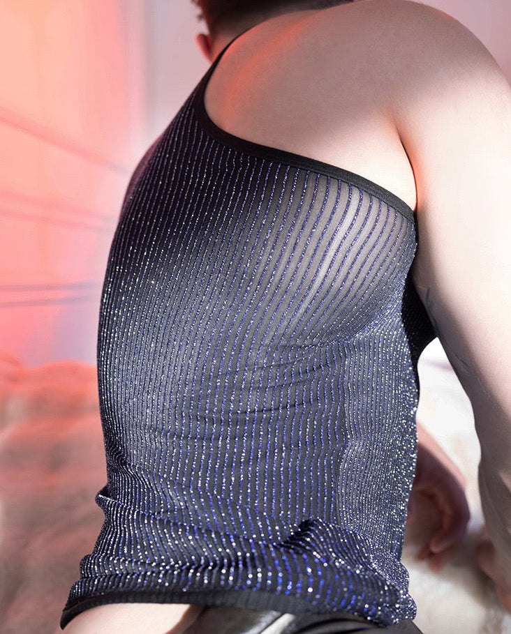 Men’s black sparkle knit tank top with semi sheer stretch fit