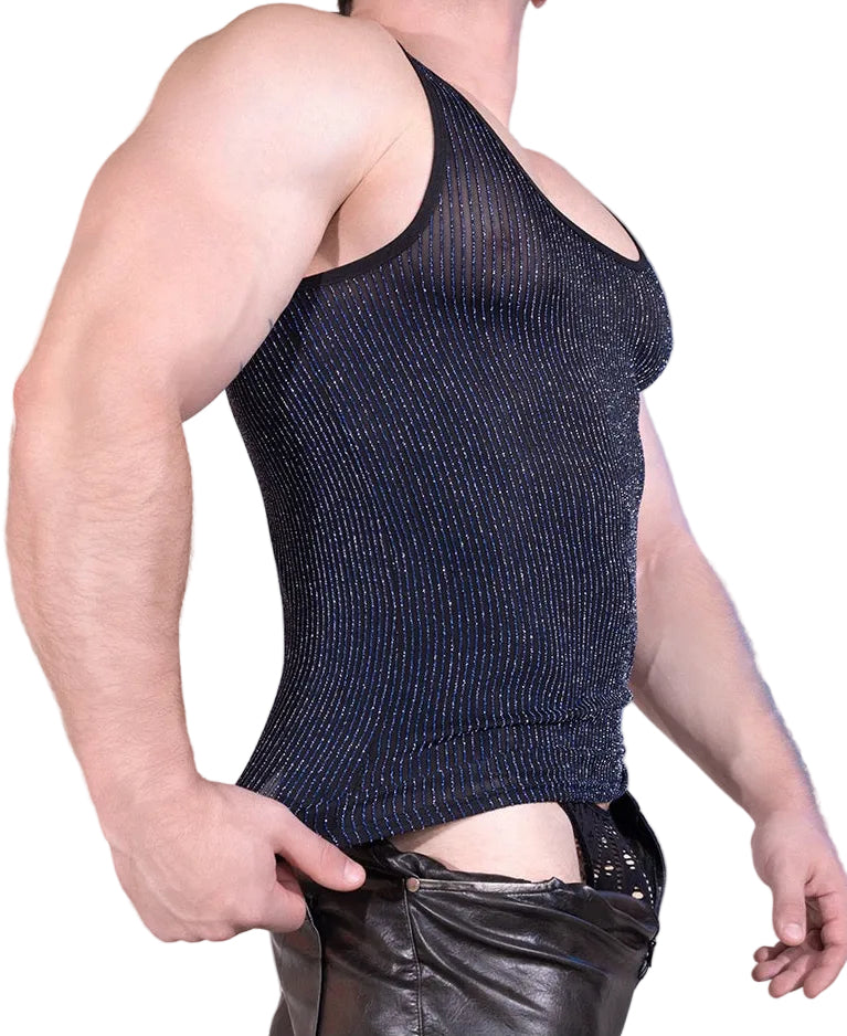 Side profile of men’s stretch glitter knit tank top