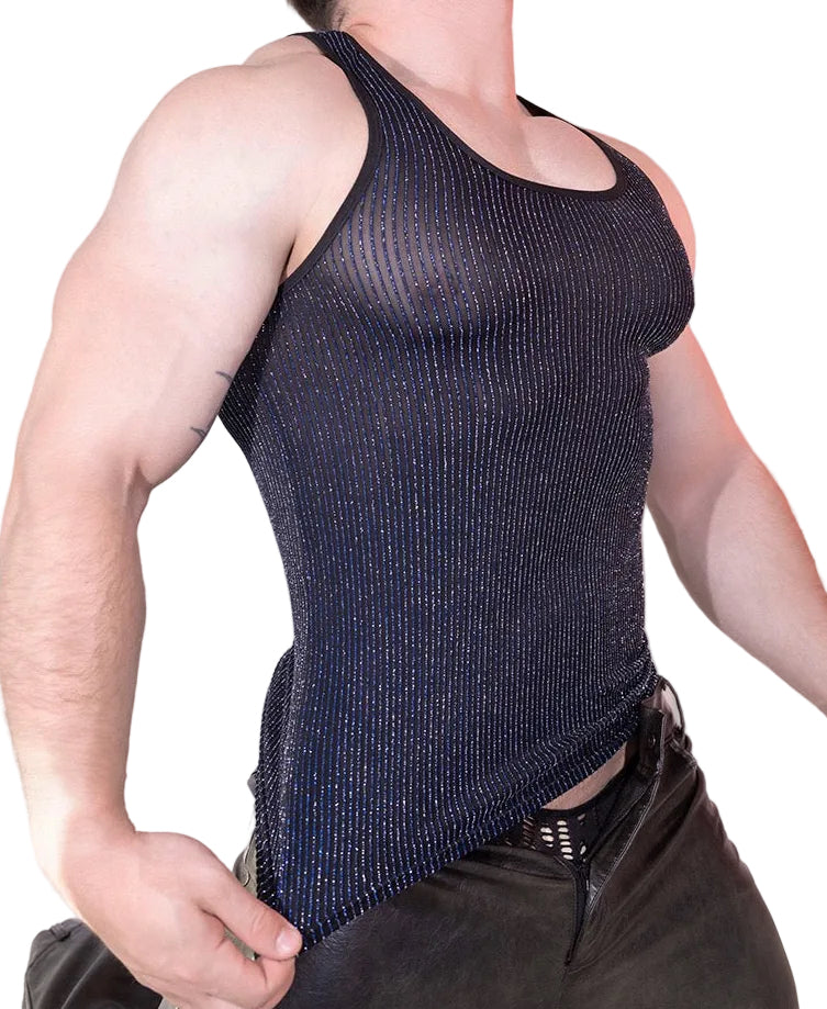 Side profile of men’s stretch glitter knit tank top