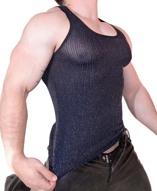 Side profile of men’s stretch glitter knit tank top