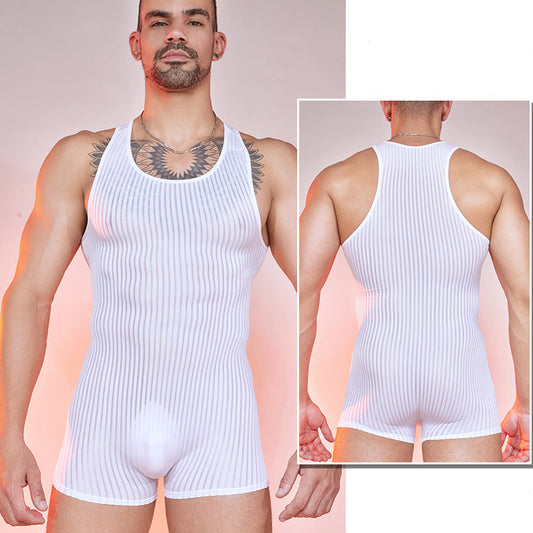 Front view of men’s stretch tank bodysuit in white