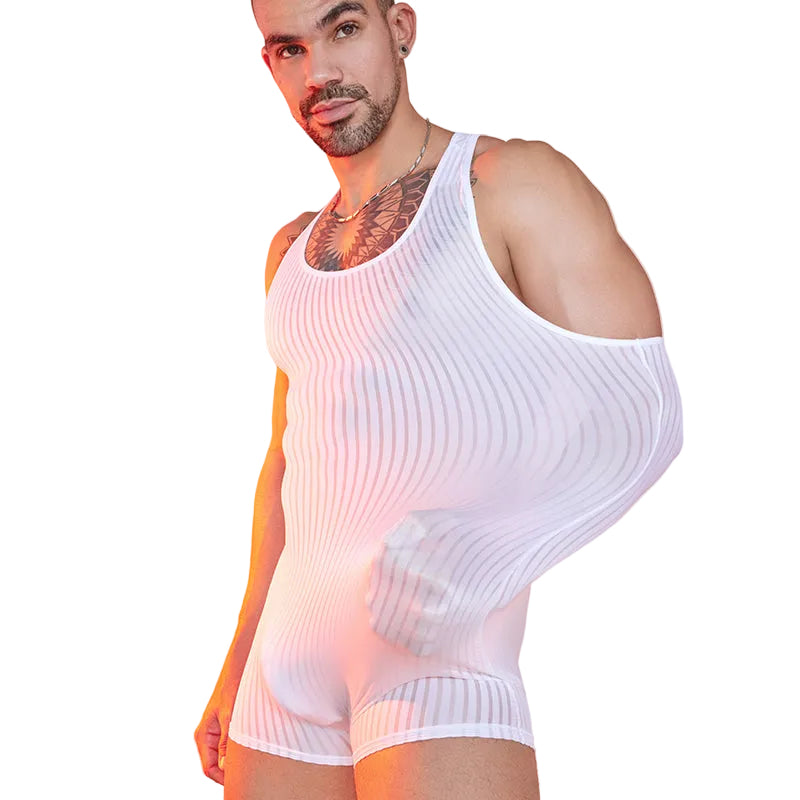 Close-up detail of textured fabric on men’s stretch bodysuit white