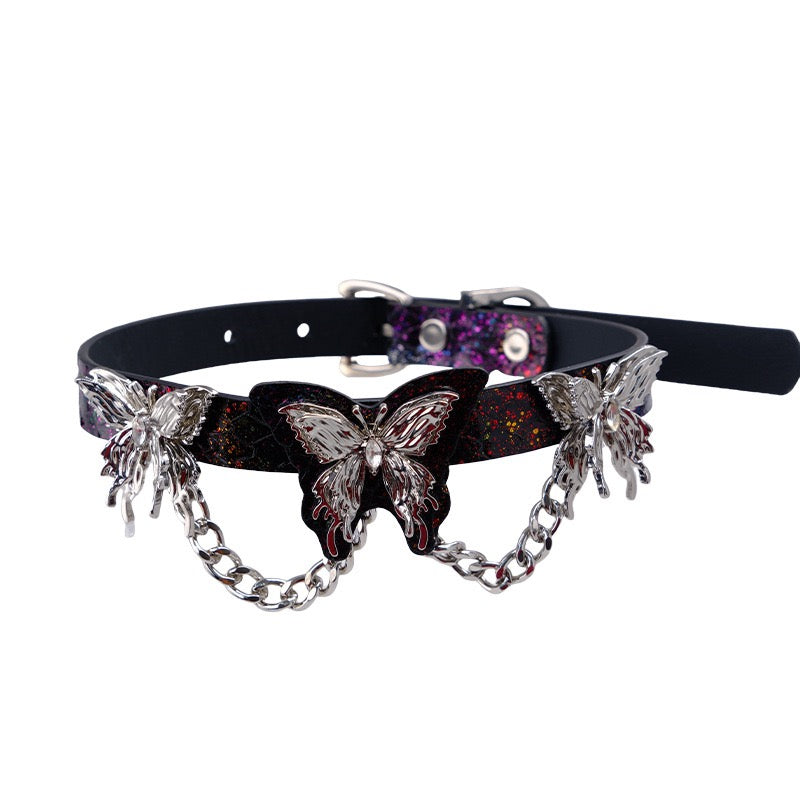 Butterfly chain choker with metallic snakeskin texture and silver hardware