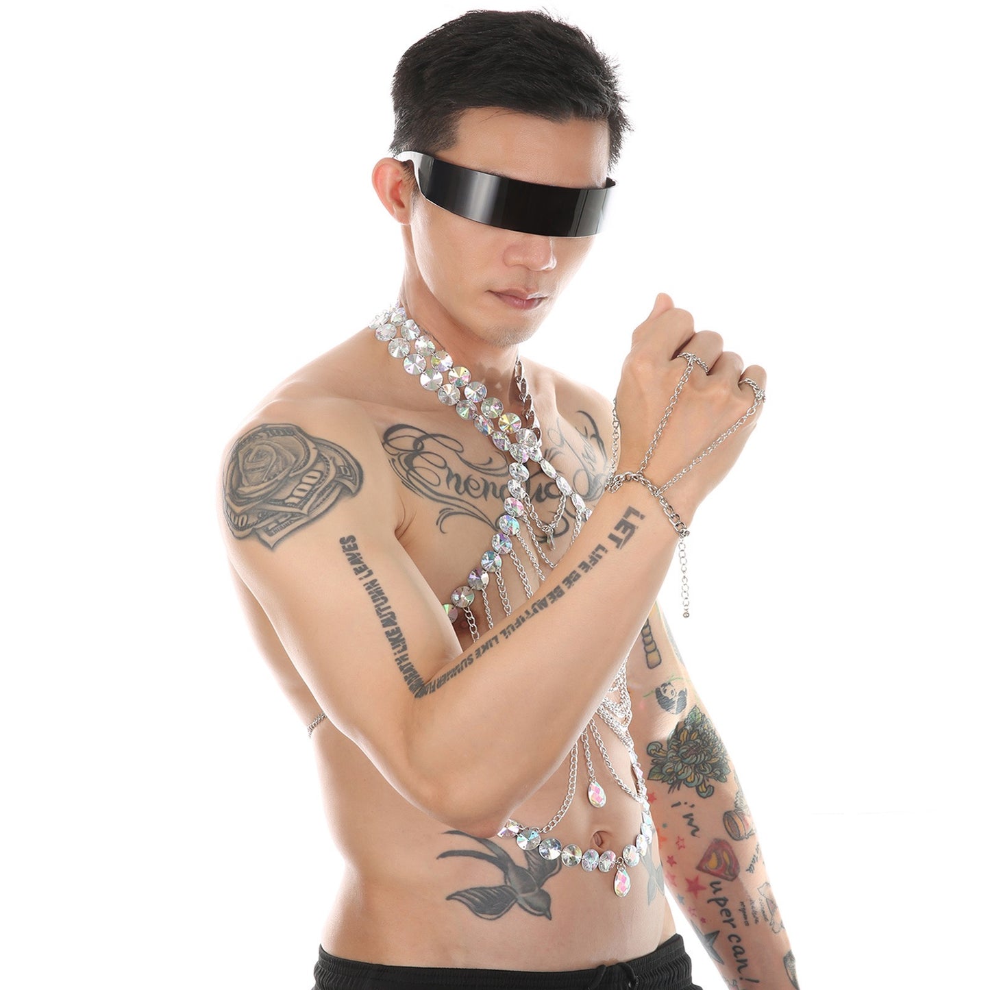 Model wearing black futuristic shield visor sunglasses