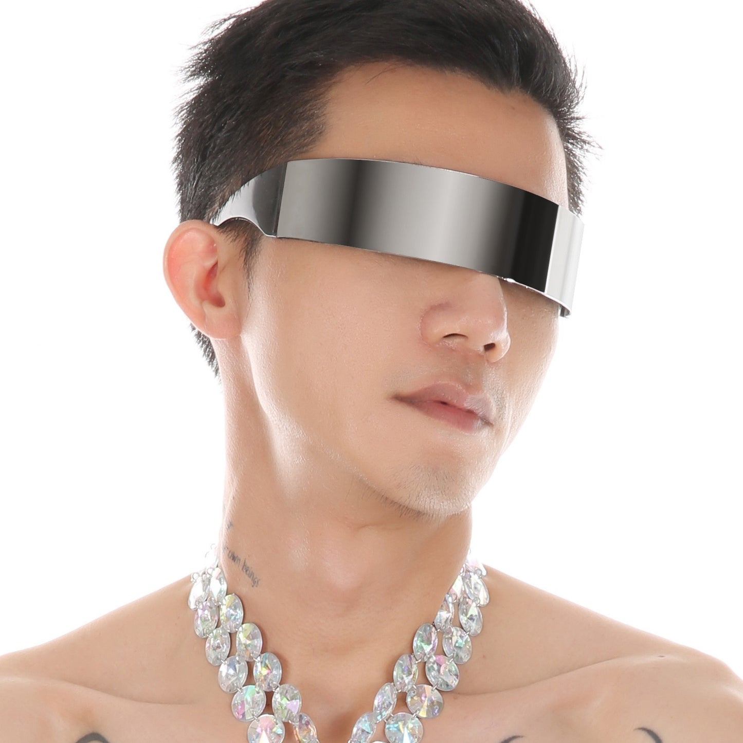 Model wearing silver futuristic shield visor sunglasses