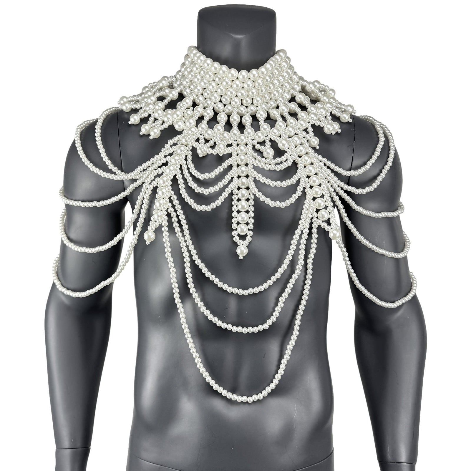 White faux pearl cape top displayed on mannequin