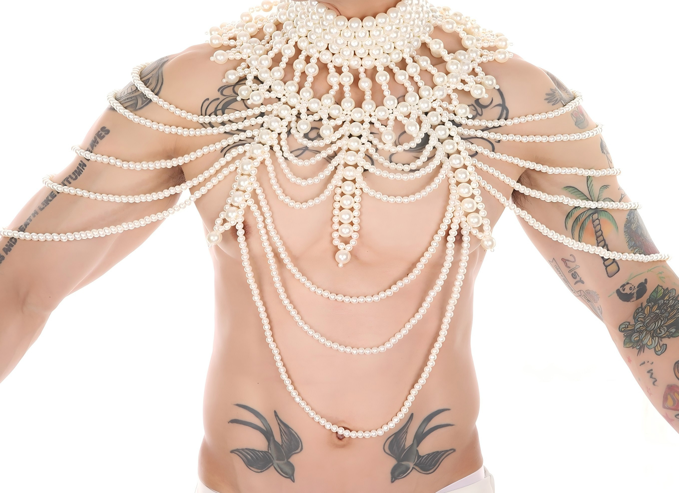 White layered pearl cape top worn by model front view