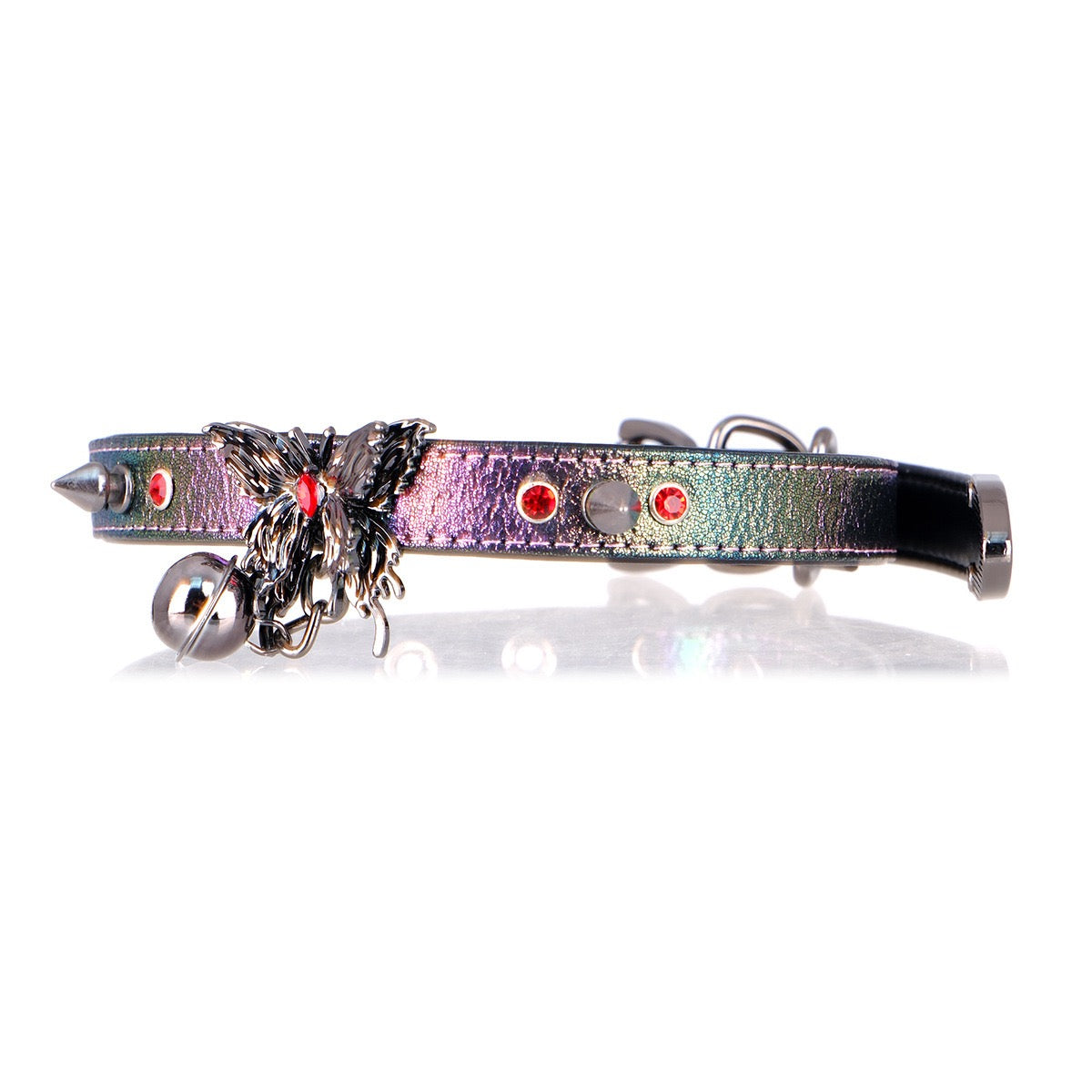 Side view of rainbow metallic butterfly leather choker