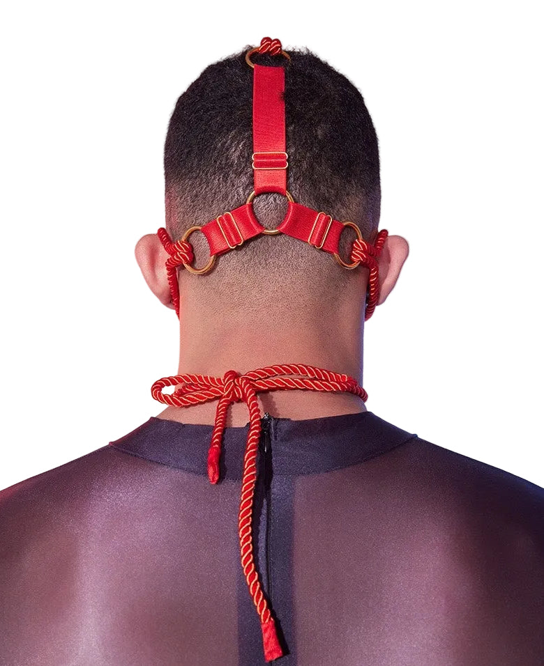 Back view of red rope headpiece with trailing rope details