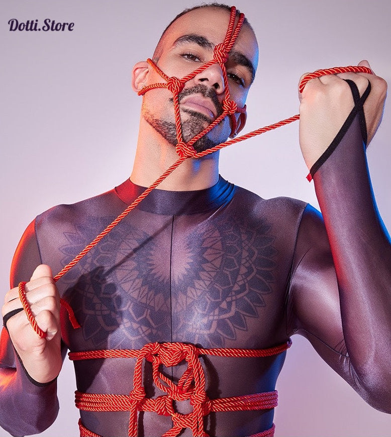 Close-up detail of red rope knots and elastic structure