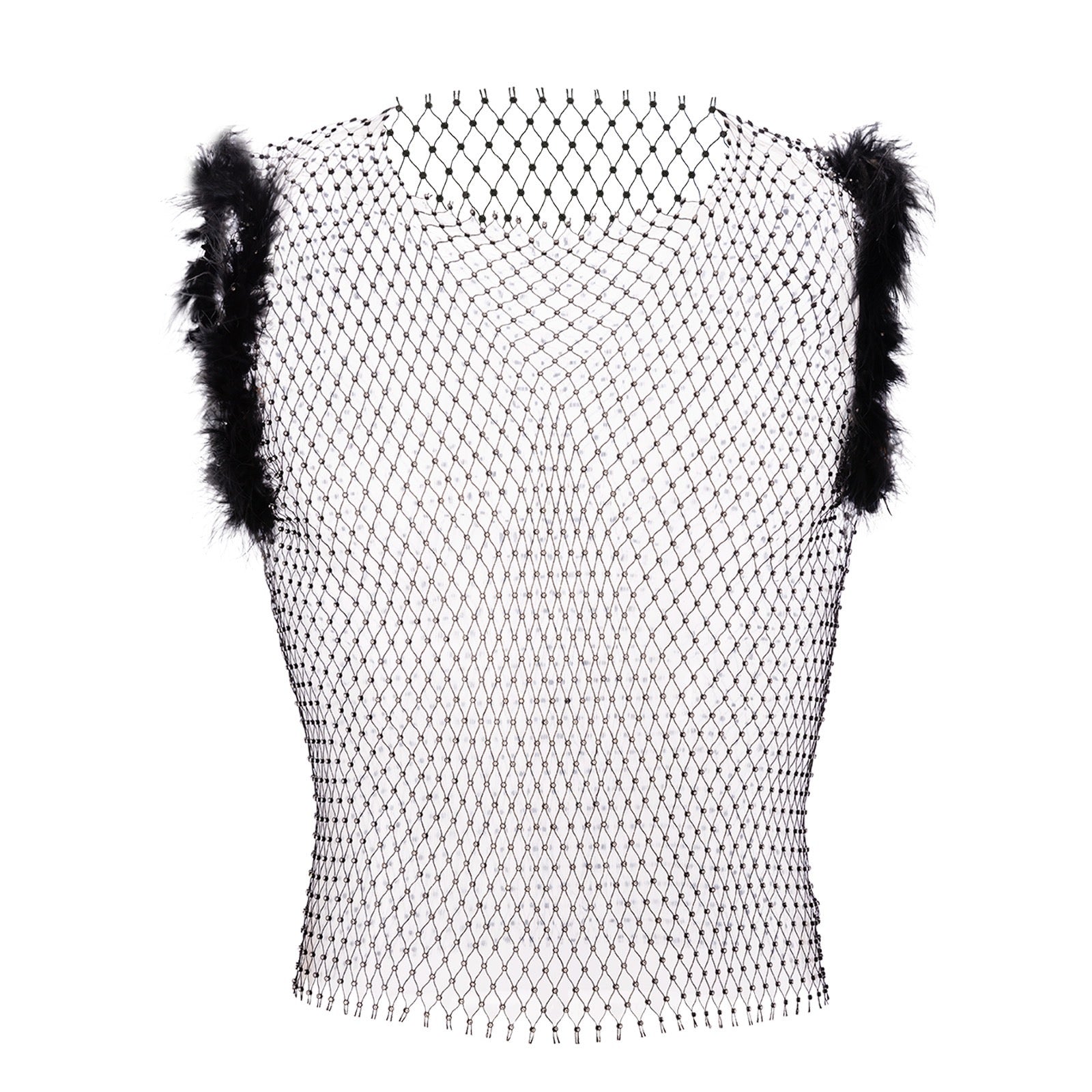 rhinestone fishnet black tank top with feathers