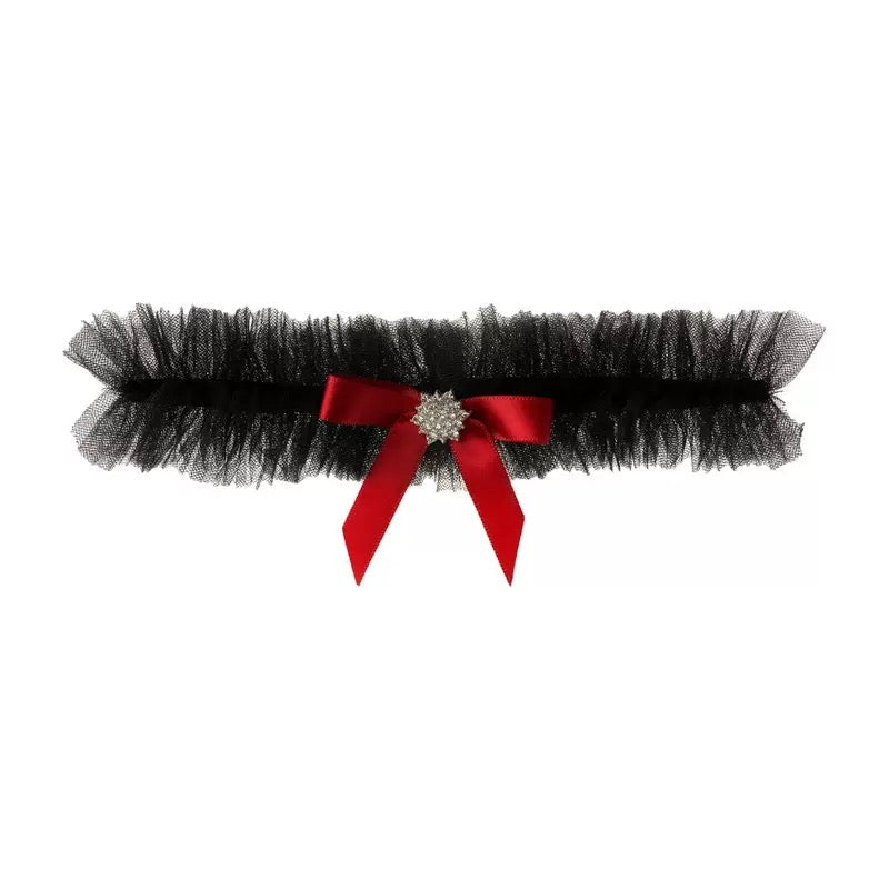 Black stretch rhinestone bow leg accessory with gauze fabric