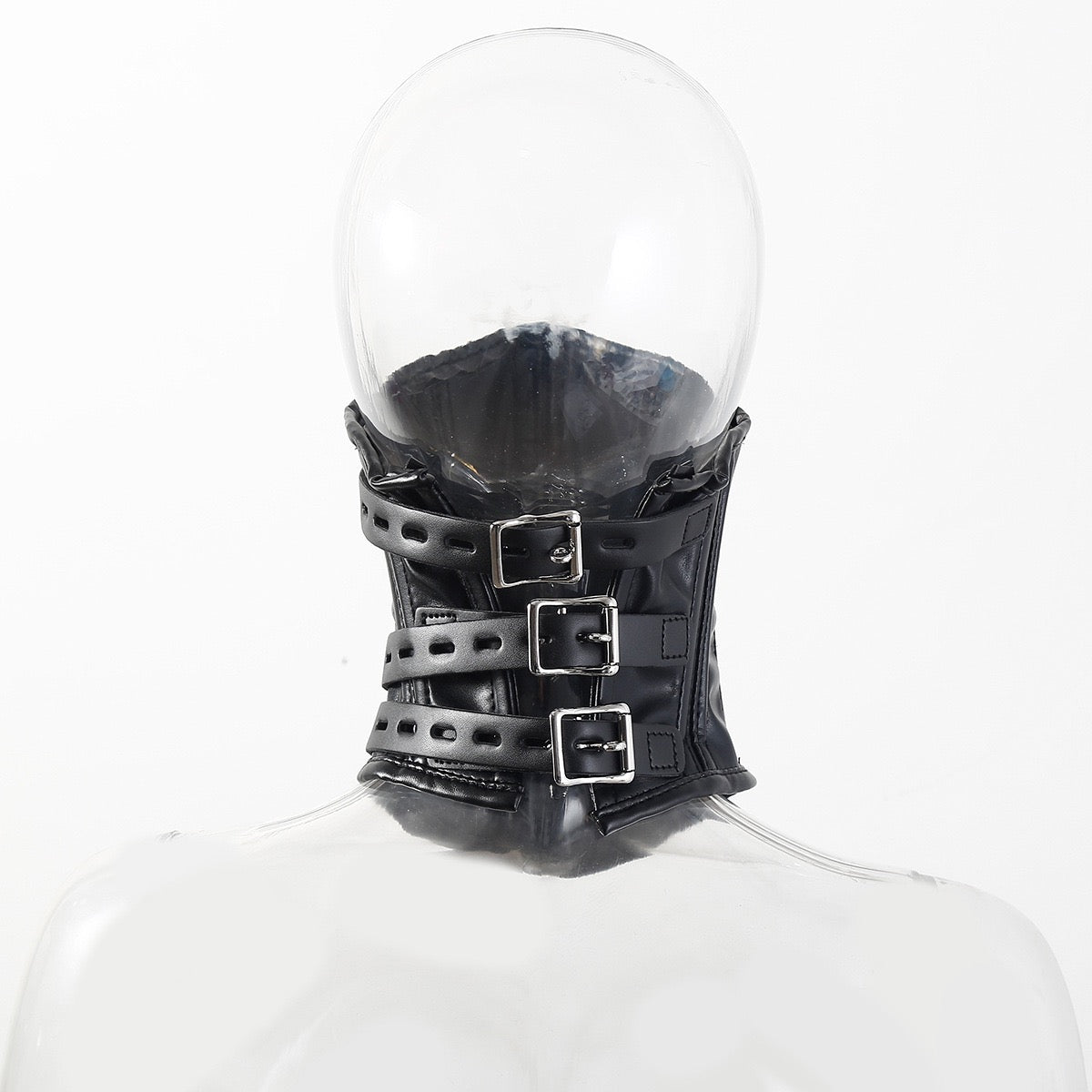 Back view of structured faux leather face mask showing adjustable straps