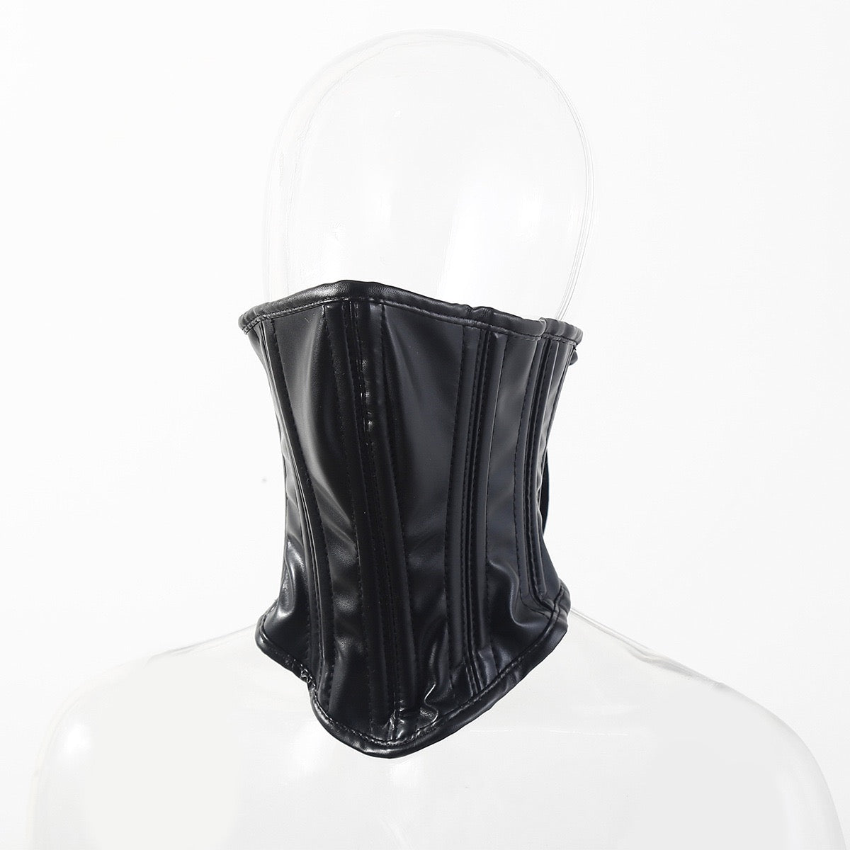Front view of structured faux leather face mask on mannequin head