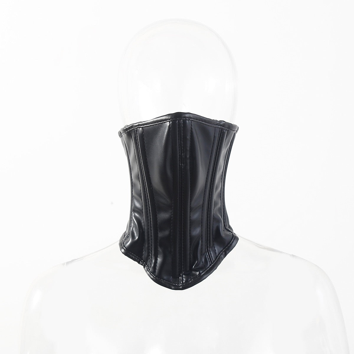 Side view of structured faux leather face mask on mannequin head