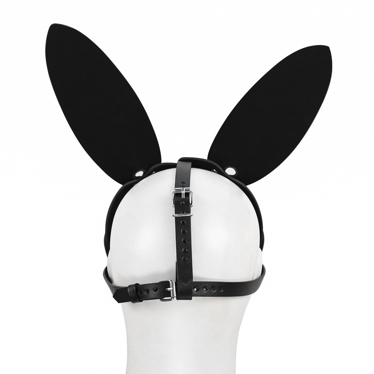 Back view of bunny-inspired studded faux leather mask