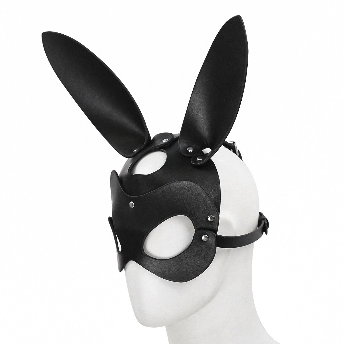 Side view of bunny-inspired studded faux leather mask