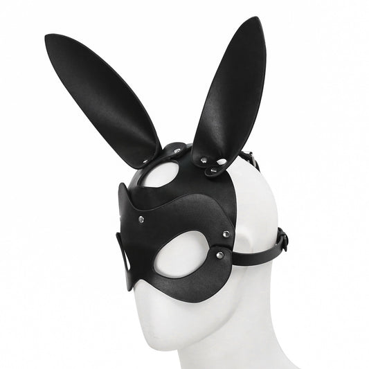 Side view of bunny-inspired studded faux leather mask