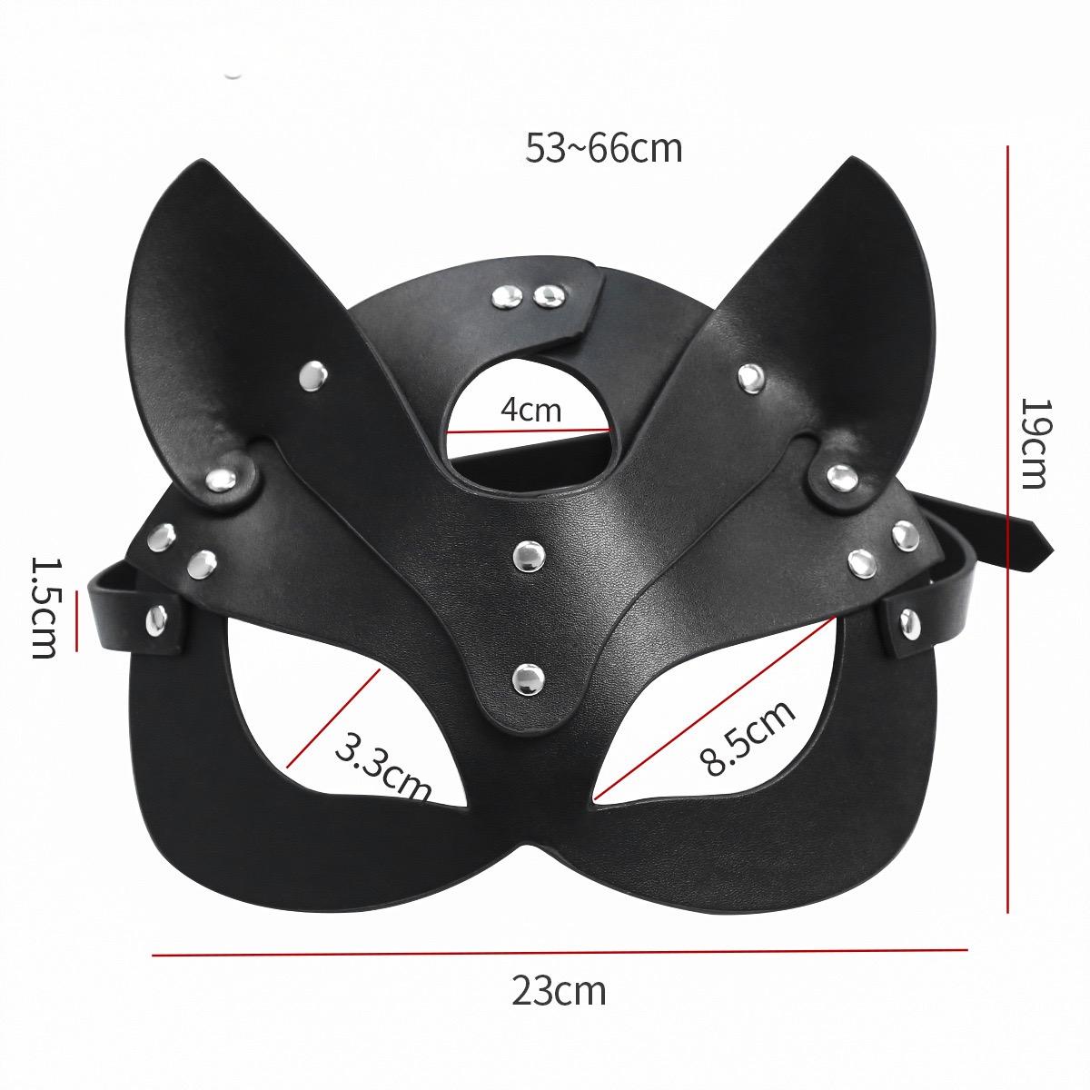 Measurement of cat-inspired studded faux leather character mask front view