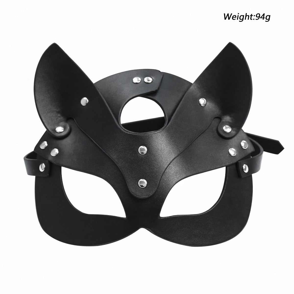 Cat-inspired studded faux leather character mask front view with weight
