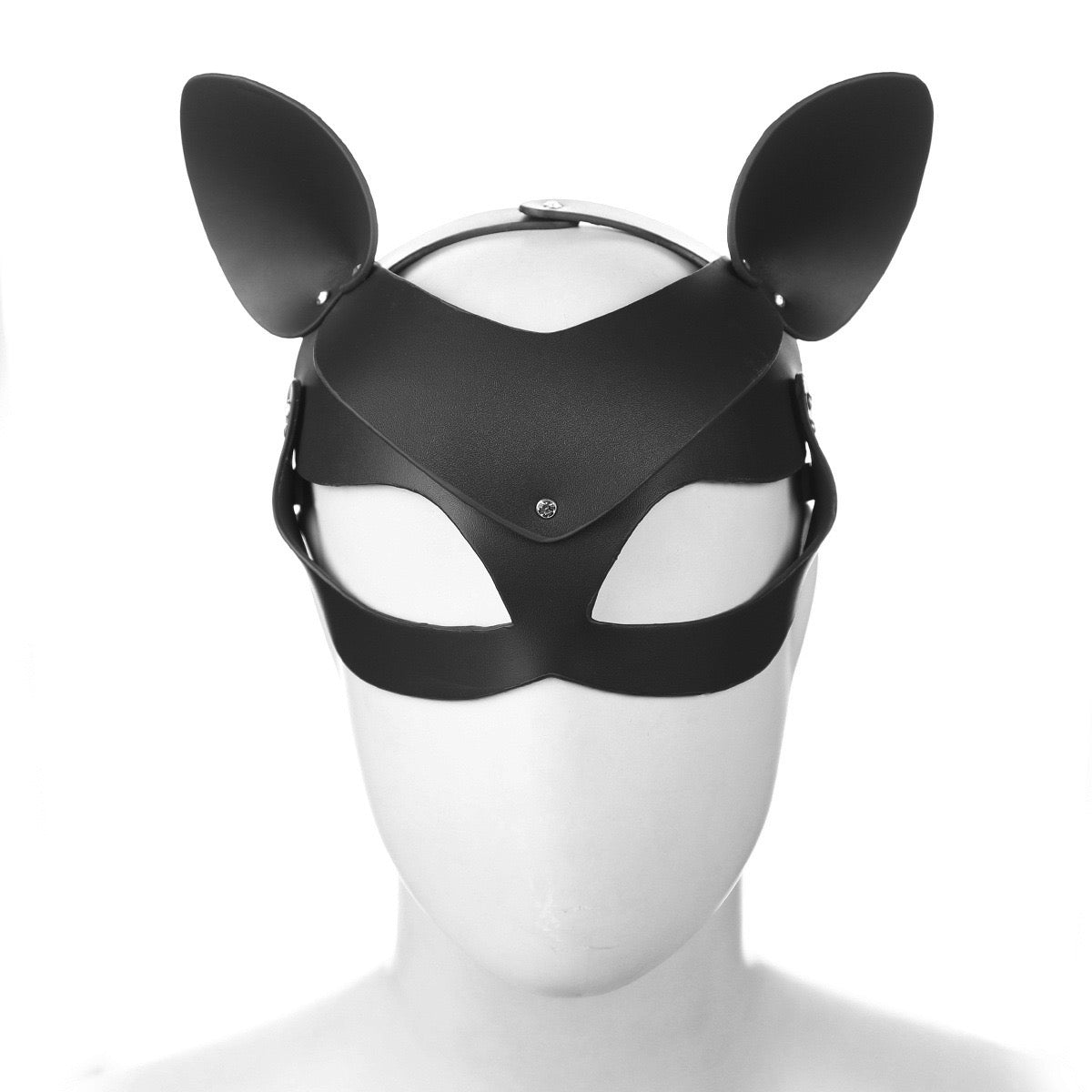 Cat-inspired studded faux leather character mask front view