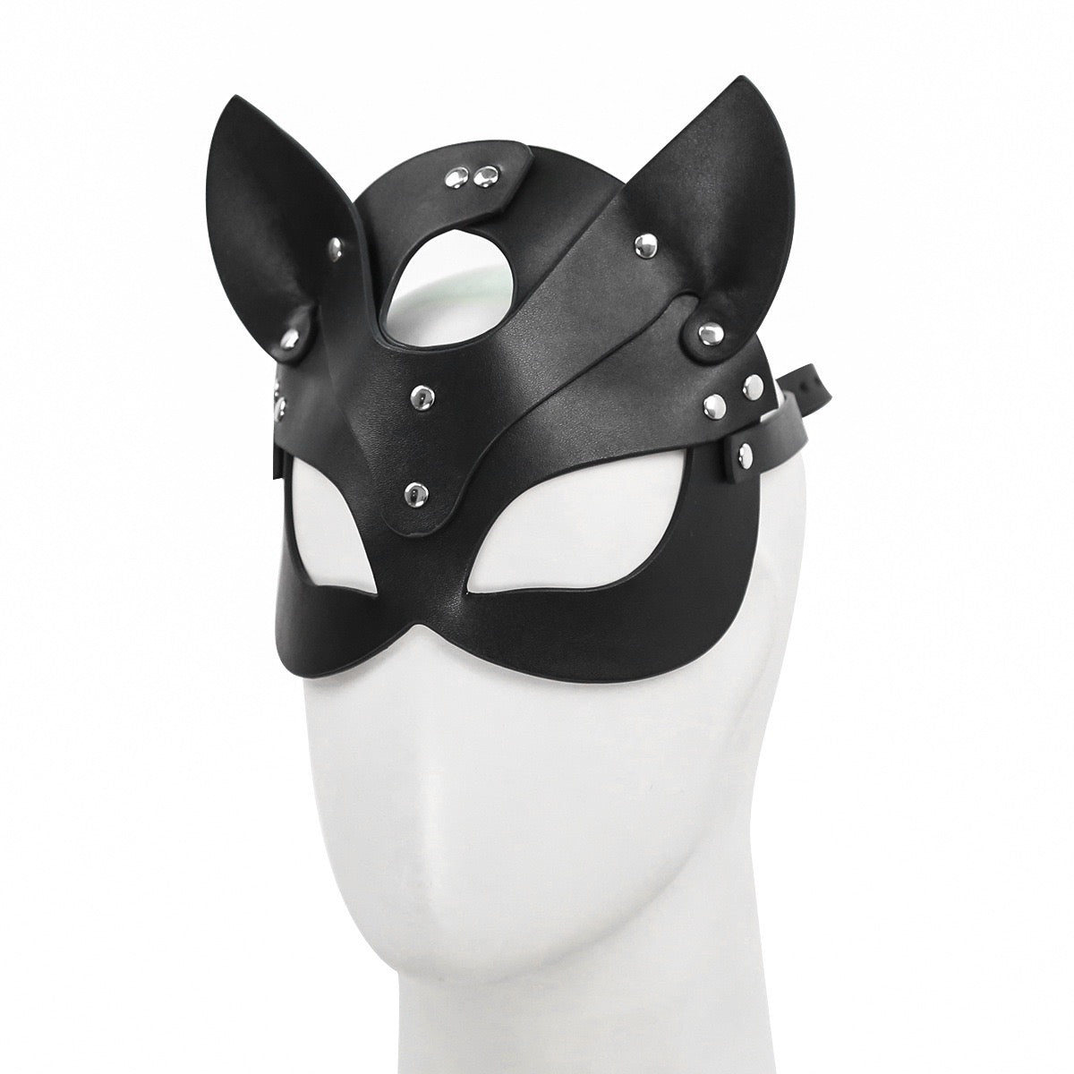 Side view of cat-inspired studded faux leather mask