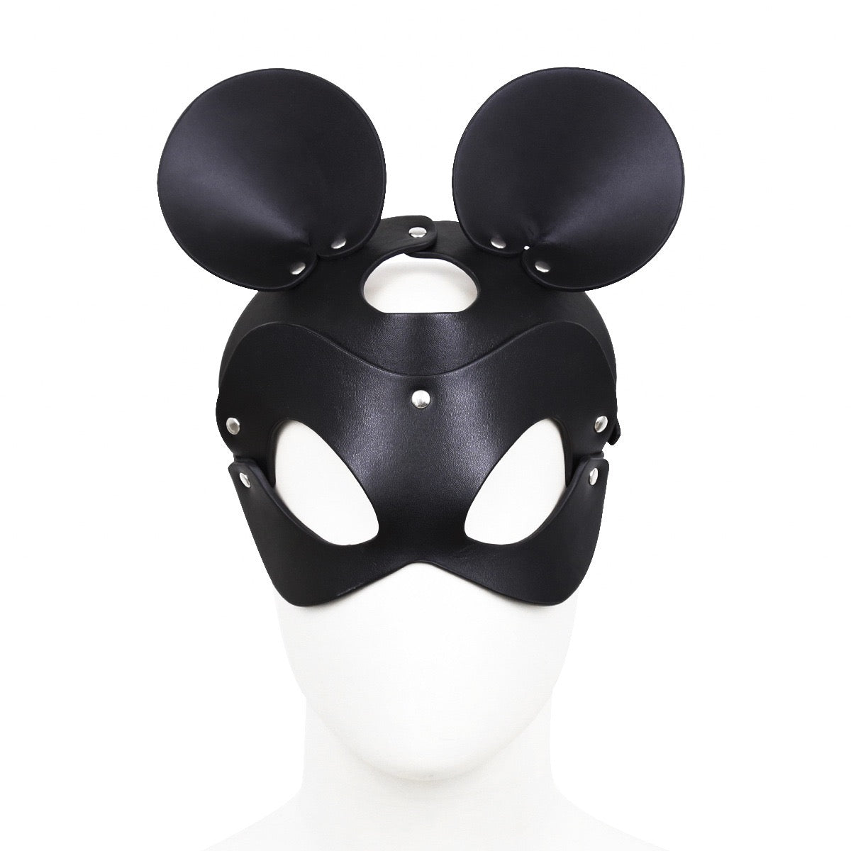 Mouse-inspired studded faux leather character mask front view