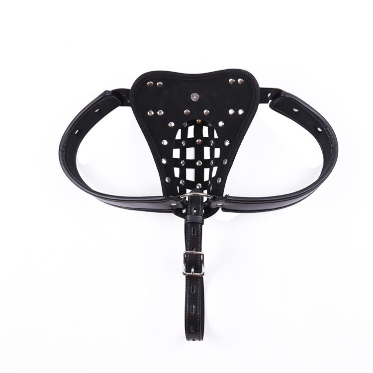 Rear view of adjustable faux leather harness brief