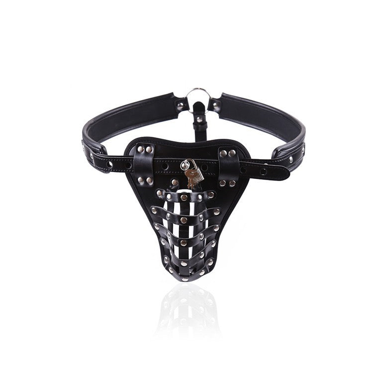 Studded cage-style faux leather G-string harness brief front view