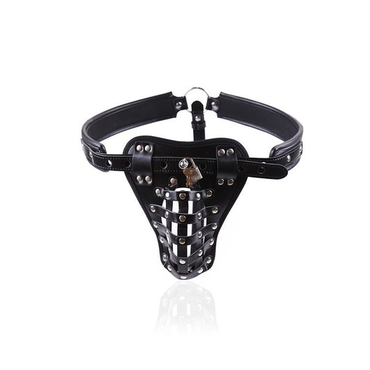 Studded cage-style faux leather G-string harness brief front view