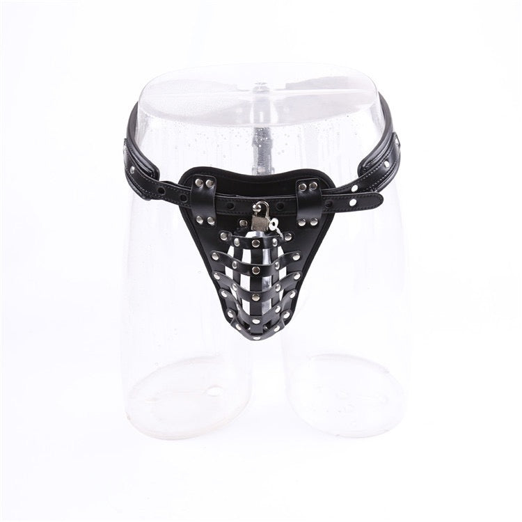 Studded cage-style harness brief displayed on mannequin