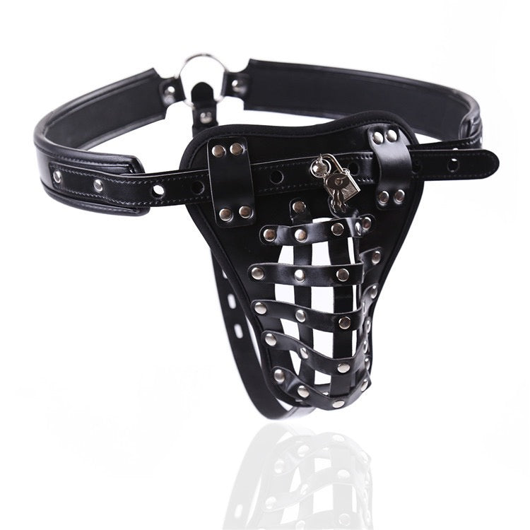 Side view of studded cage harness brief with adjustable straps