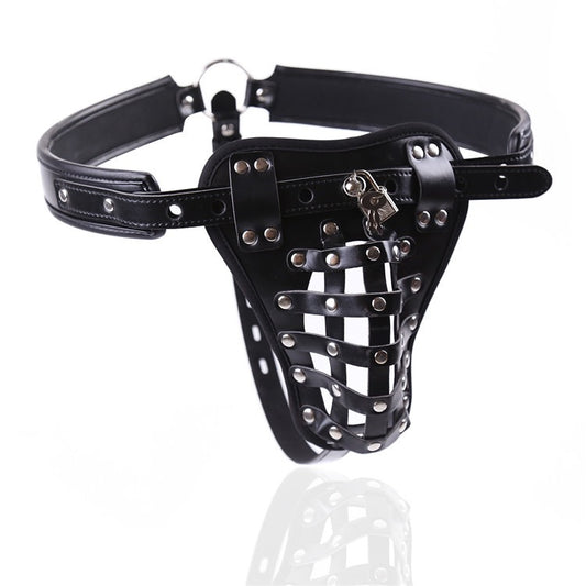 Side view of studded cage harness brief with adjustable straps